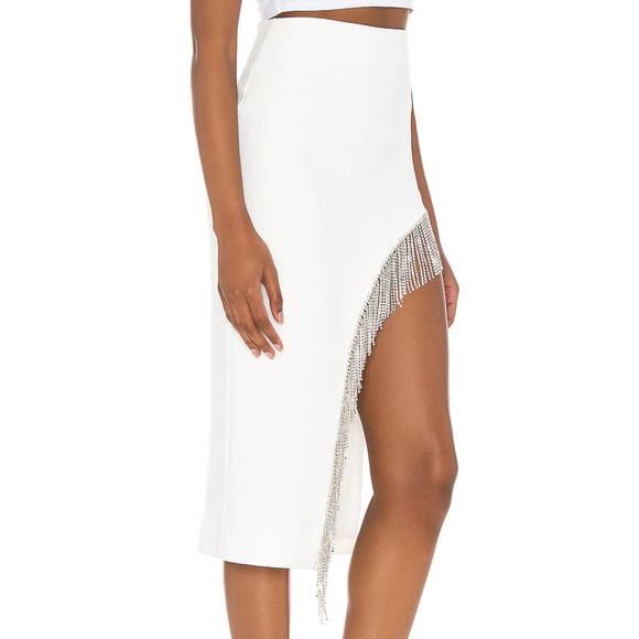 NBD White Rhinestone Fringe Midi Skirt SMALL Side Slit Western Revolve $178 NEW - Picture 3 of 10